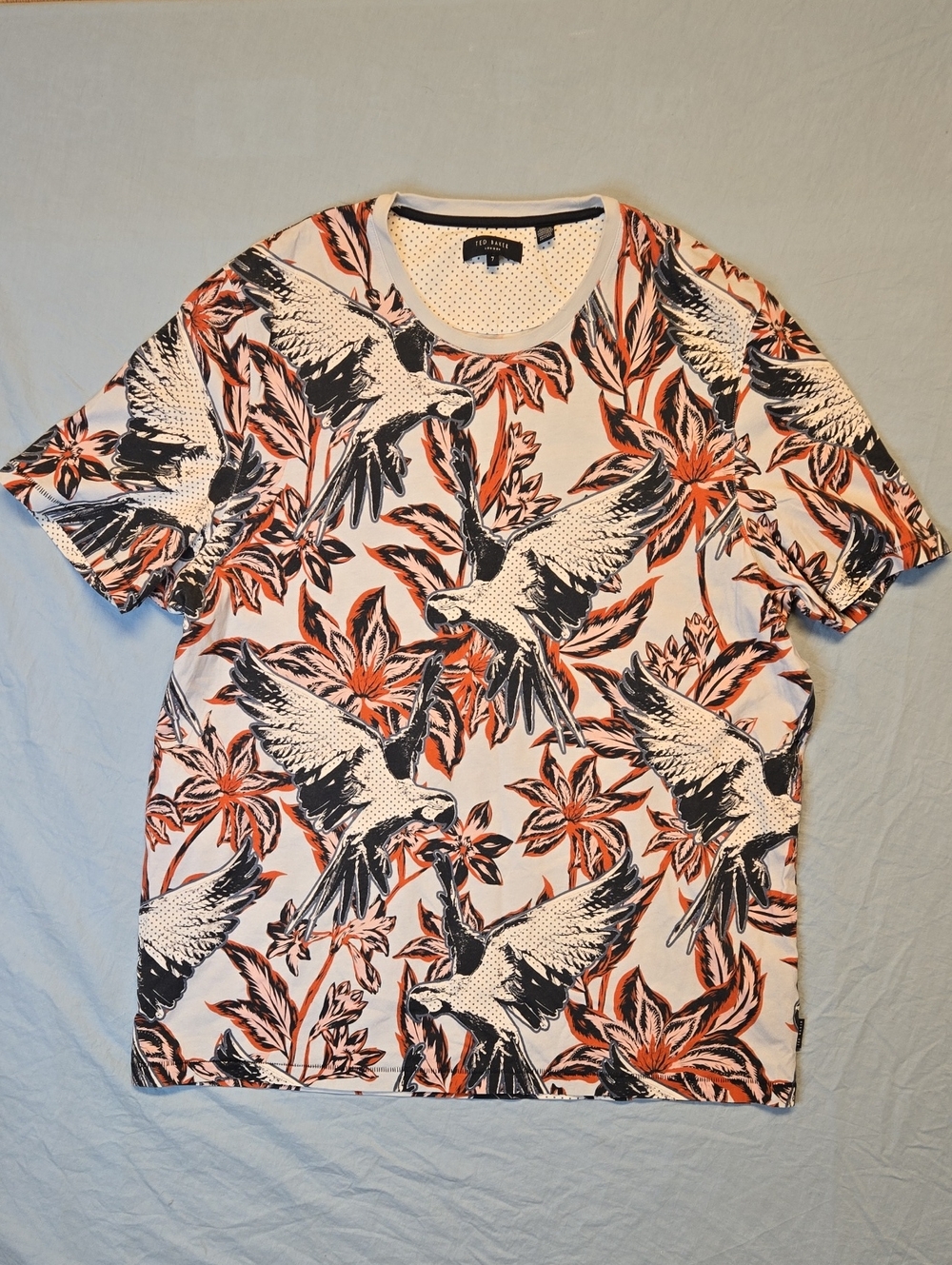 Ted Baker Coral and Navy AOP Parrot Print Short Sleeve Cotton T-Shirt